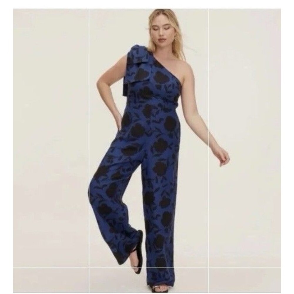 Kate Spade sz 6 Classic Rose Floral Navy Blk Jumpsuit One Shoulder Bow
